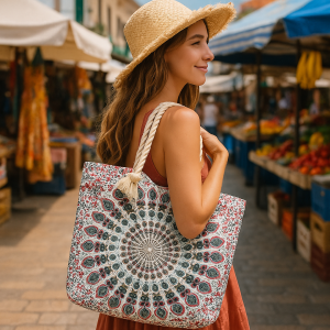 Boho Mandala Rope Handle Tote Bag | Beach, Travel & Shopping Bag - Crystal Nest