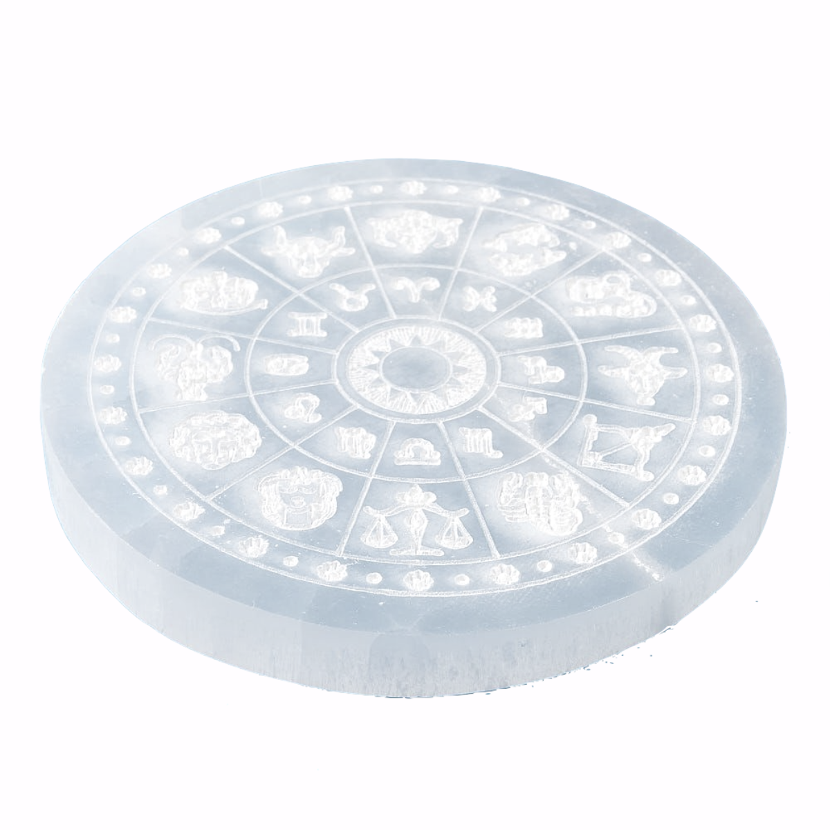 Selenite Charging Disc with Etched Zodiac Wheel Design | 10cm - Crystal Nest