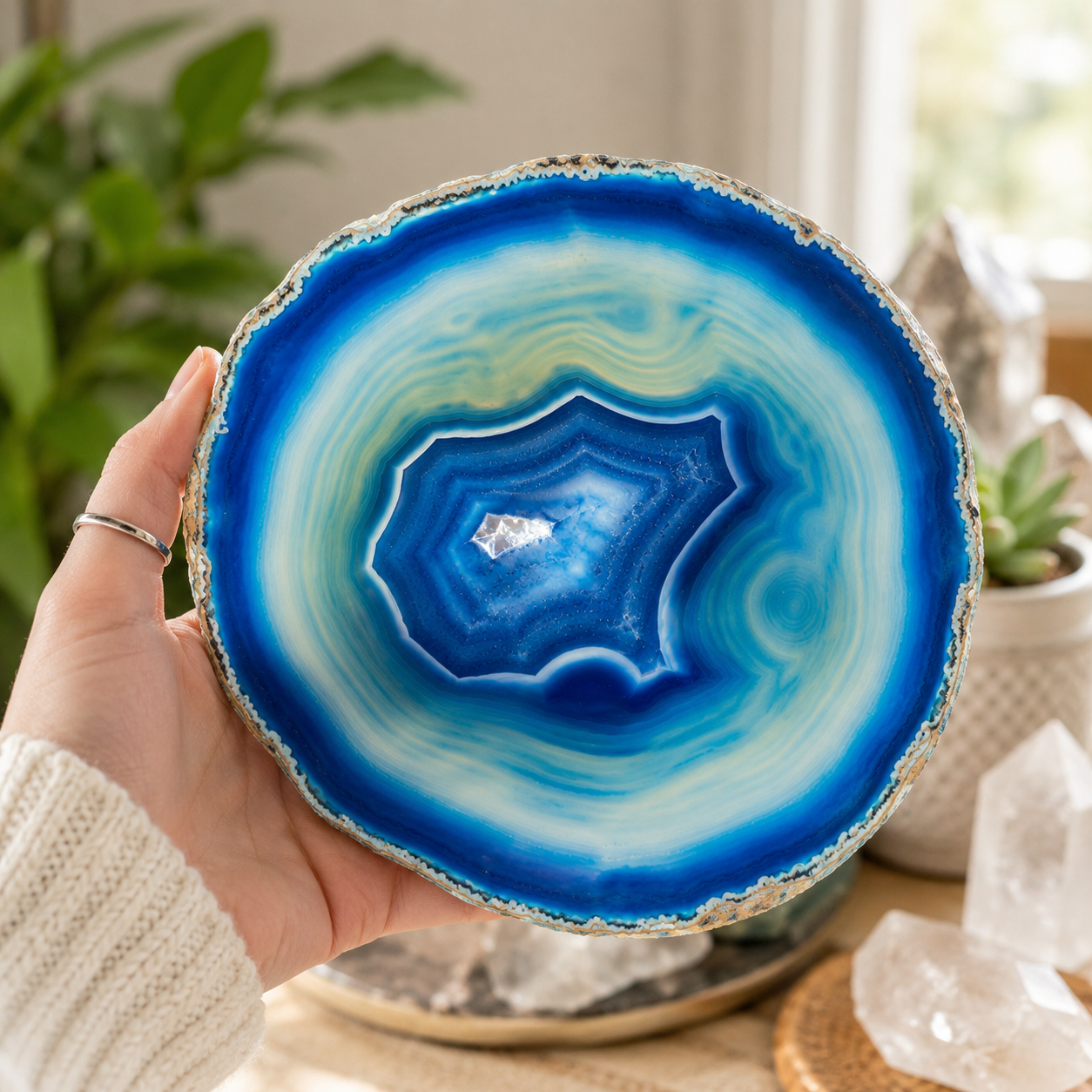 Banded Blue Agate Slice | 14–15 cm
