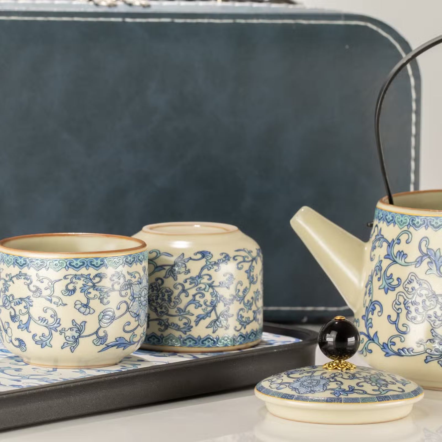 Ru Blue Tea Ceremony Gift Set | Luxury Teapot & Two Cups with Storage Case