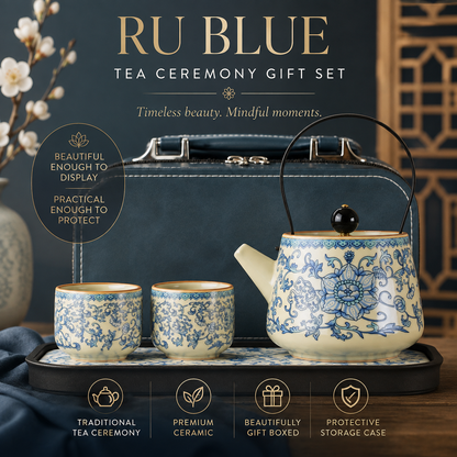 Ru Blue Tea Ceremony Gift Set | Luxury Teapot & Two Cups with Storage Case