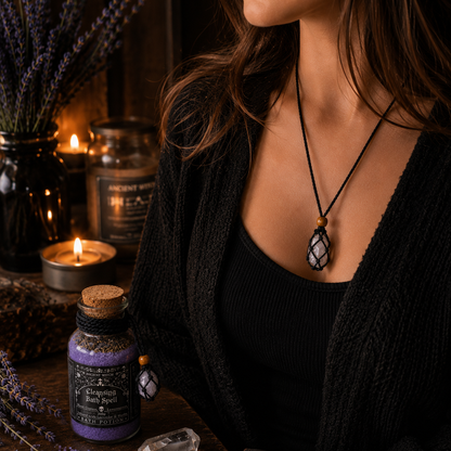 Ancient Witch Bath Spell Potion Gift Set with Crystal Amulet