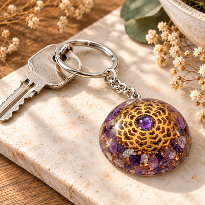 Amethyst Orgonite Golden Mandala Keyring