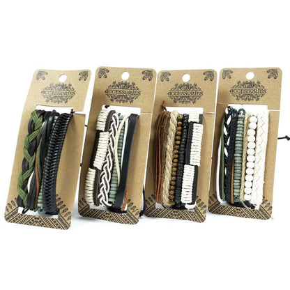 Men’s Bracelet Set – Green & Natural | Adjustable Leather, Cord & Bead Bracelets - Crystal Nest