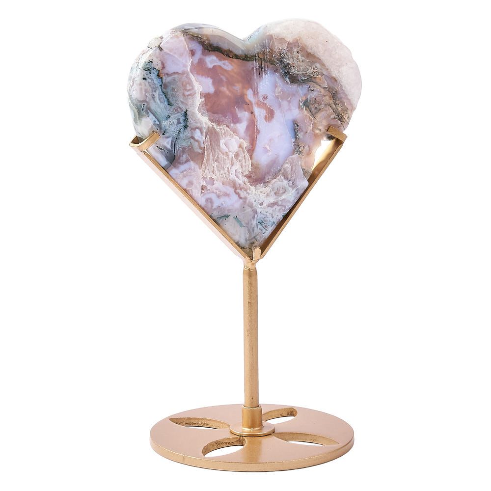 Moss Agate Crystal Heart Display | Gold Stand - Crystal Nest