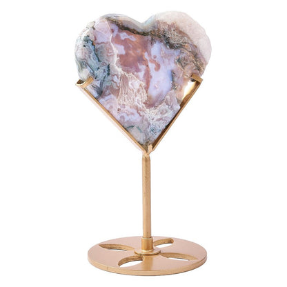 Moss Agate Crystal Heart Display | Gold Stand - Crystal Nest