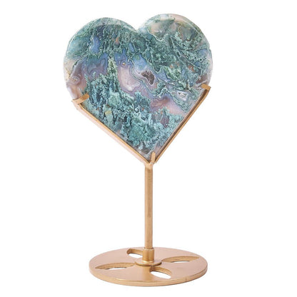 Moss Agate Crystal Heart Display | Gold Stand - Crystal Nest