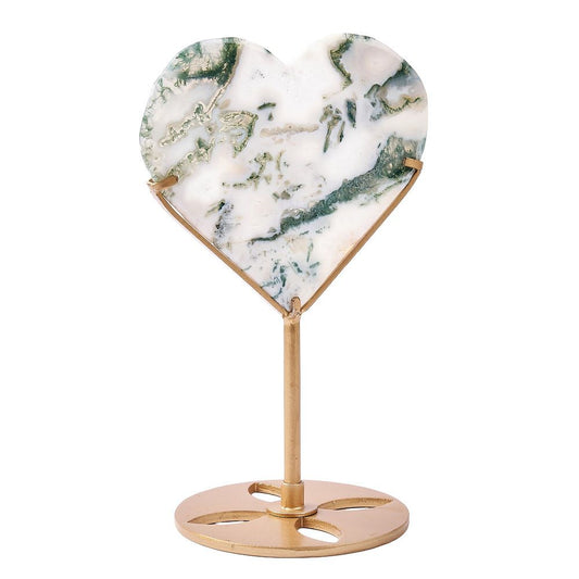 Moss Agate Crystal Heart Display | Gold Stand - Crystal Nest