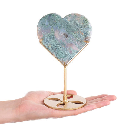 Moss Agate Crystal Heart Display | Gold Stand - Crystal Nest