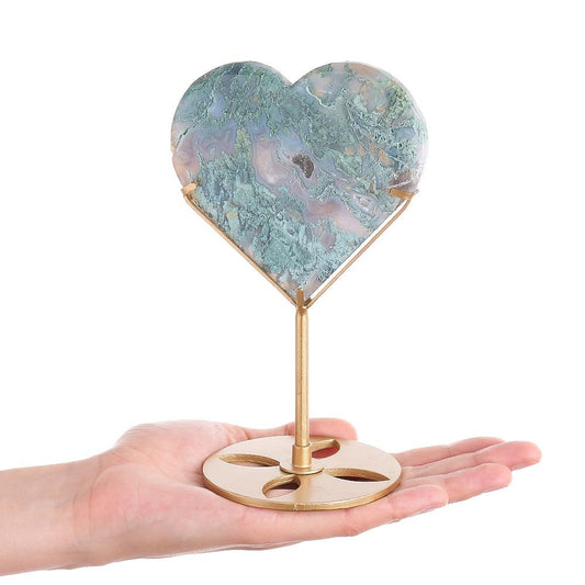 Moss Agate Crystal Heart Display | Gold Stand - Crystal Nest