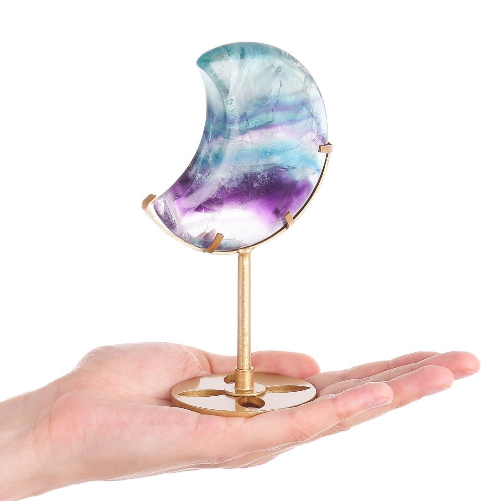 Fluorite Crystal Moon Display | Gold Stand - Crystal Nest