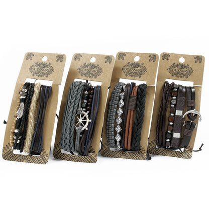 Men’s Bracelet Set – Black, Brown & Grey | Adjustable Leather, Cord & Bead Bracelets - Crystal Nest