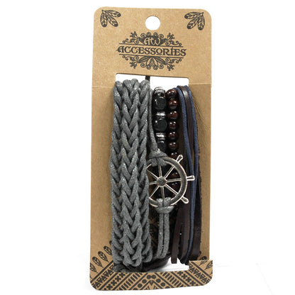 Men’s Bracelet Set – Black, Brown & Grey | Adjustable Leather, Cord & Bead Bracelets - Crystal Nest