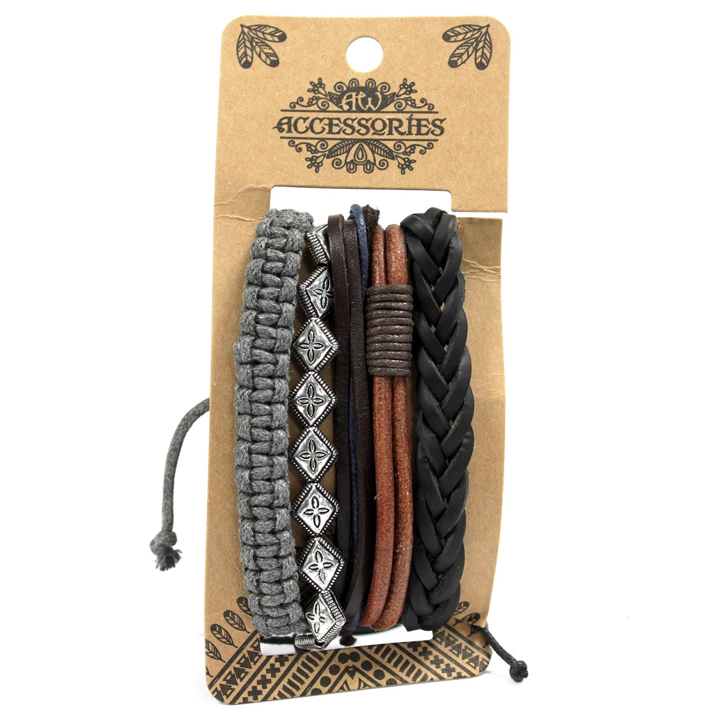 Men’s Bracelet Set – Black, Brown & Grey | Adjustable Leather, Cord & Bead Bracelets - Crystal Nest