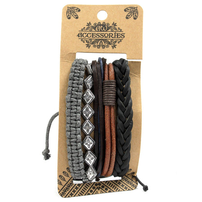 Men’s Bracelet Set – Black, Brown & Grey | Adjustable Leather, Cord & Bead Bracelets - Crystal Nest