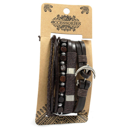 Men’s Bracelet Set – Black, Brown & Grey | Adjustable Leather, Cord & Bead Bracelets - Crystal Nest