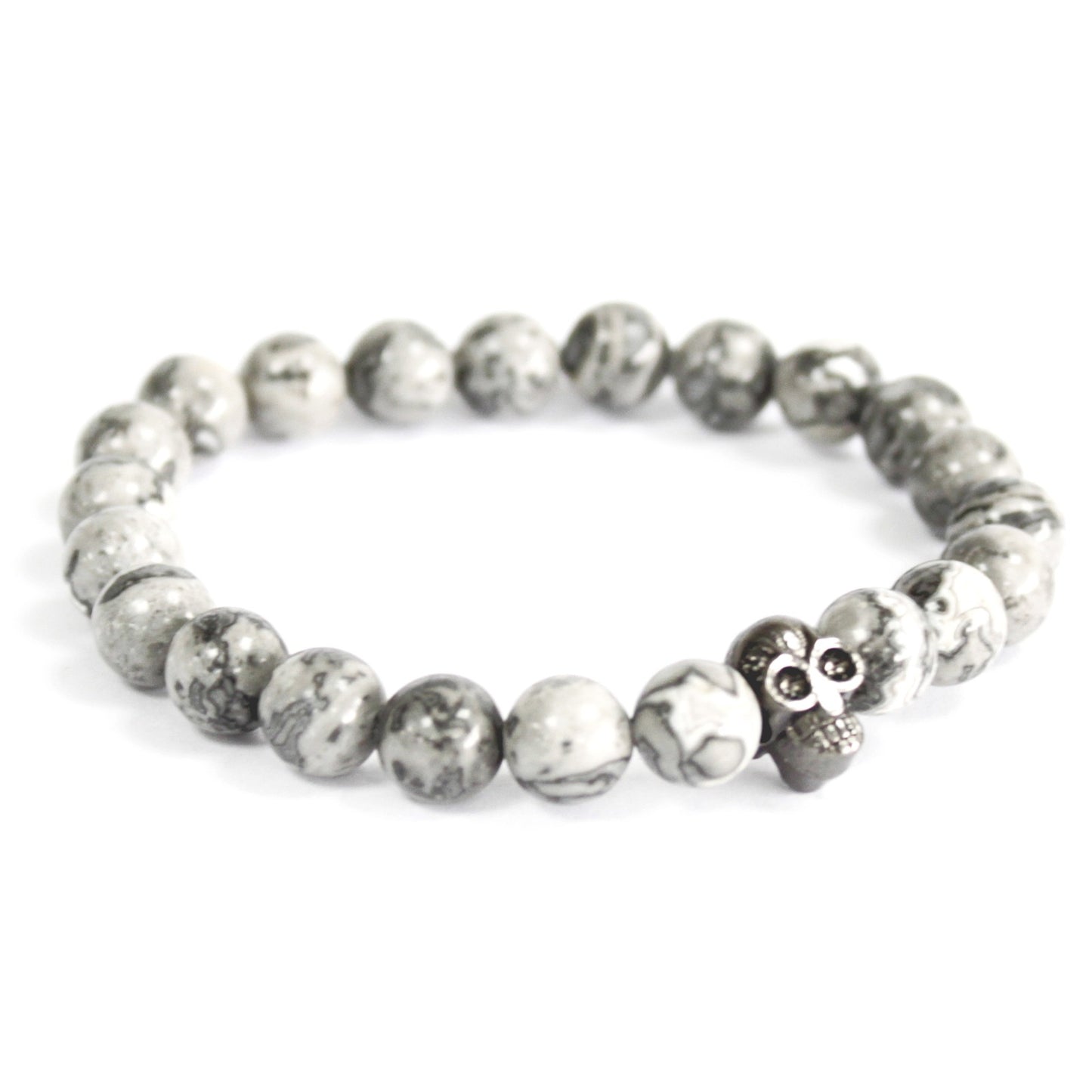 Pewter Skull & Grey Agate Bead Bracelet – Protection & Harmony