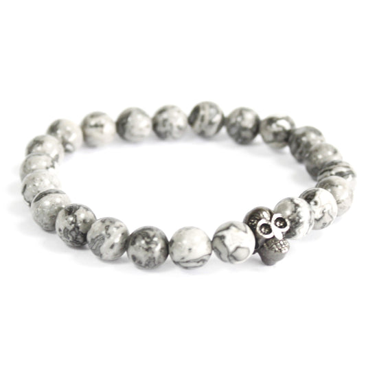 Pewter Skull & Grey Agate Bead Bracelet – Protection & Harmony