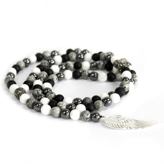 Silver Angel Wing & Grey Agate Bead Necklace – Protection & Harmony