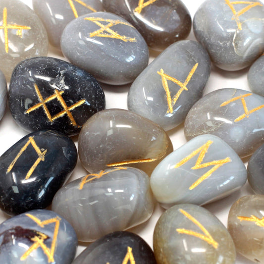 Grey Agate Rune Stone Set in Pouch