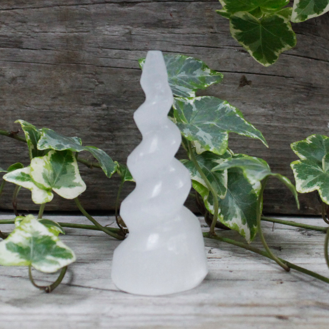 Selenite Spiral Unicorn Horn Tower 10cm