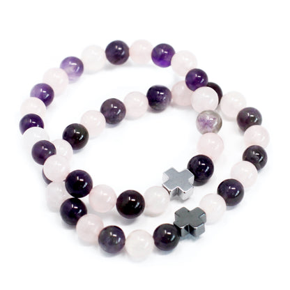 Love Crystal Friendship Bracelets | Amethyst & Rose Quartz | Set of 2 - Crystal Nest