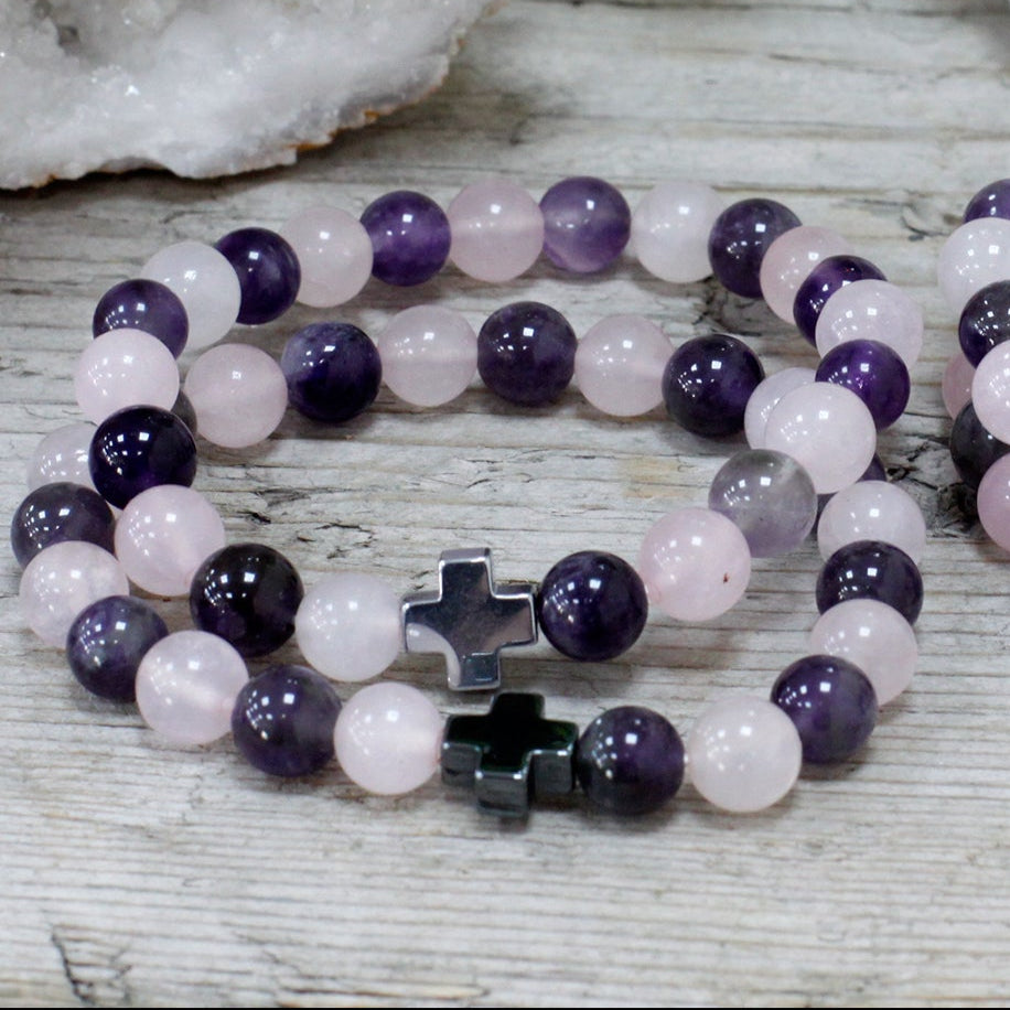 Love Crystal Friendship Bracelets | Amethyst & Rose Quartz | Set of 2 - Crystal Nest