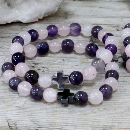 Love Crystal Friendship Bracelets | Amethyst & Rose Quartz | Set of 2 - Crystal Nest