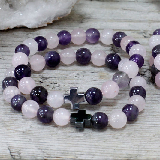 Love Crystal Friendship Bracelets | Amethyst & Rose Quartz | Set of 2 - Crystal Nest