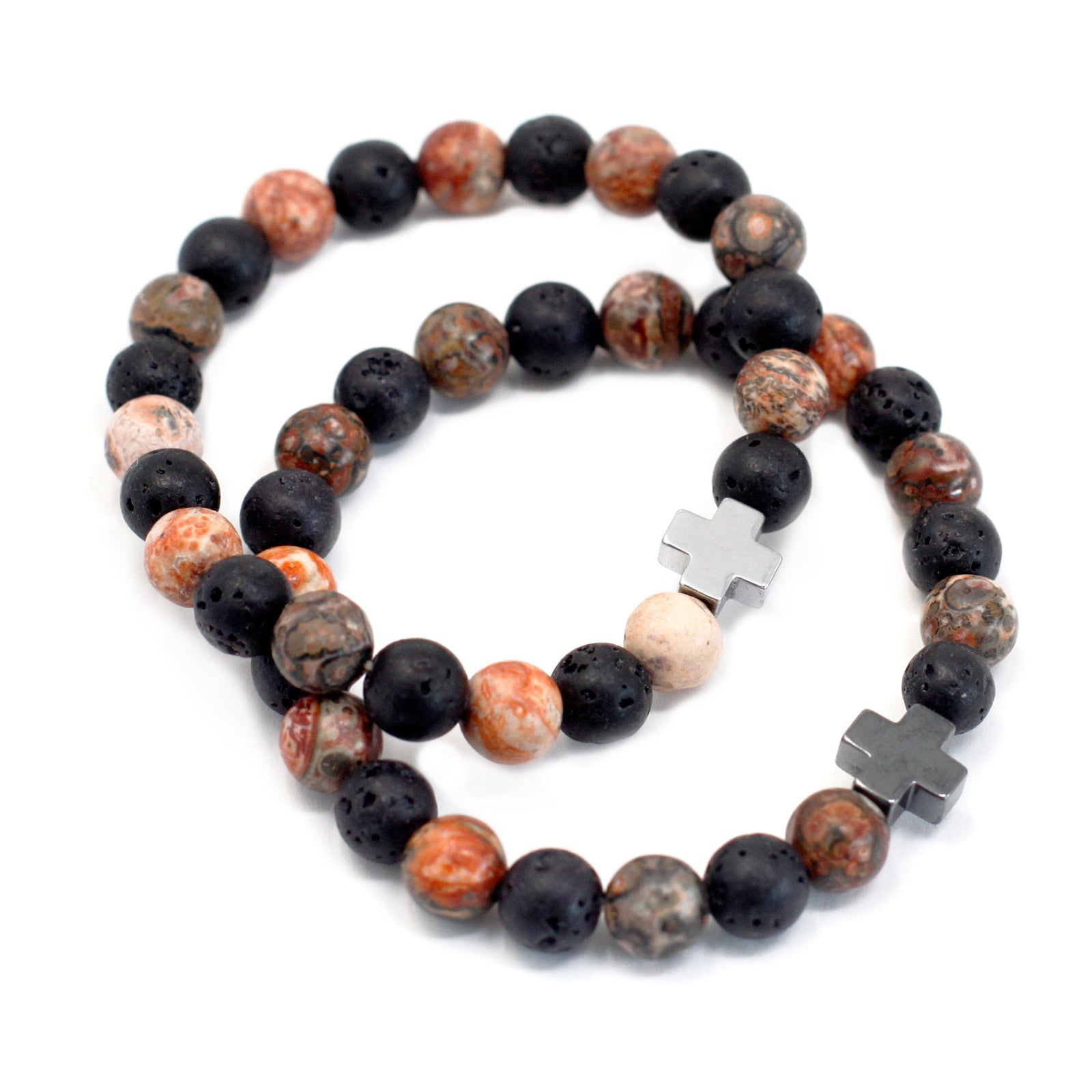 Eternity Crystal Friendship Bracelets | Leopard Skin Jasper & Lava Stone | Set of 2 - Crystal Nest