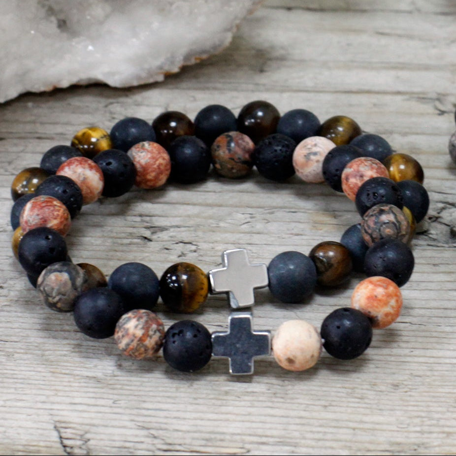 Eternity Crystal Friendship Bracelets | Leopard Skin Jasper & Lava Stone | Set of 2 - Crystal Nest