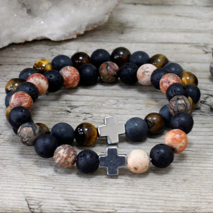 Eternity Crystal Friendship Bracelets | Leopard Skin Jasper & Lava Stone | Set of 2 - Crystal Nest