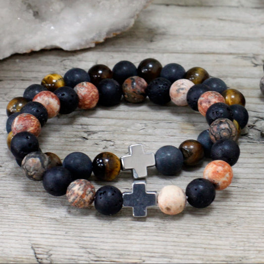 Eternity Crystal Friendship Bracelets | Leopard Skin Jasper & Lava Stone | Set of 2 - Crystal Nest