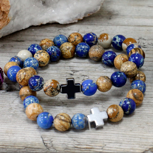 Support Crystal Friendship Bracelets | Sodalite & Picture Jasper | Set of 2 - Crystal Nest