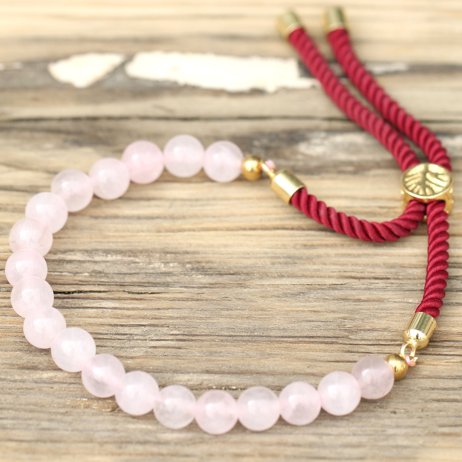 Rose Quartz Gemstone String Bracelet | Bordeaux Cord & 18K Gold Plated - Crystal Nest
