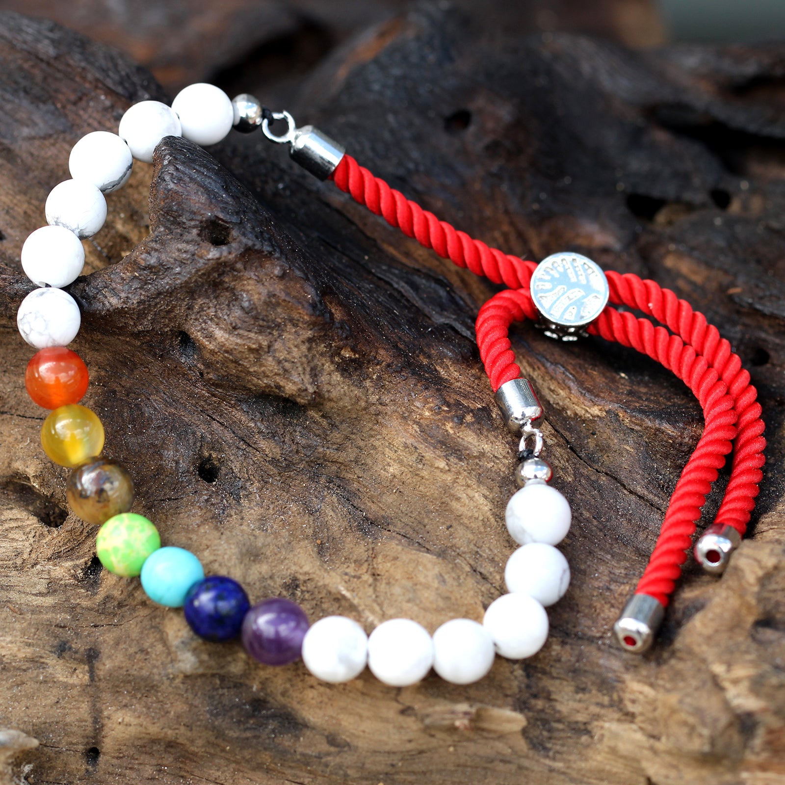 White Howlite & Chakra Gemstone String Bracelet | Royal Red Cord & 925 Silver Plated - Crystal Nest