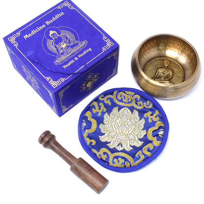 Medicine Buddha Brass Singing Bowl Gift Set | D#5 Note - Crystal Nest