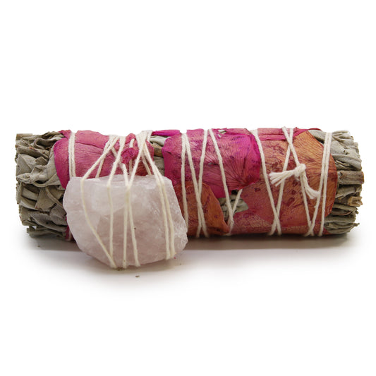 Love Spirit Sage Smudge Stick with Raw Rose Quartz | Attract Love & Positivity