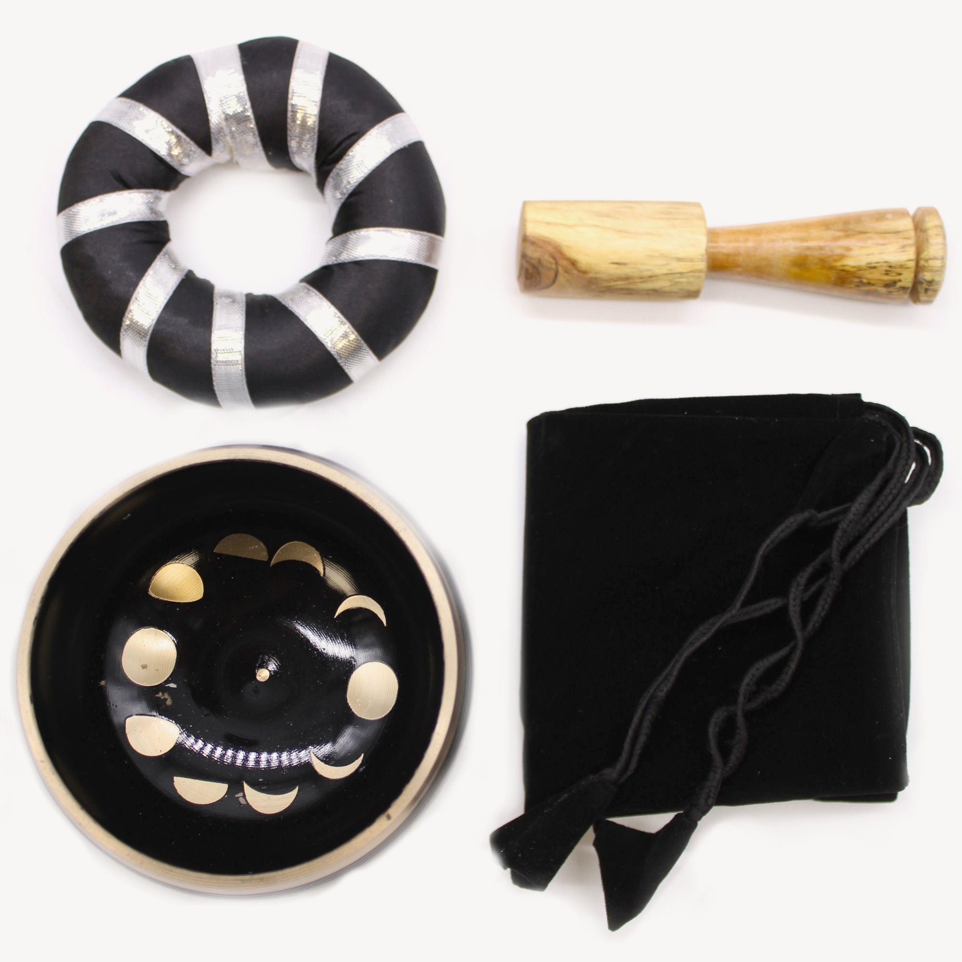 Moon Phase Tibetan Singing Bowl Set | Black & Brass Meditation Sound Bowl - Crystal Nest
