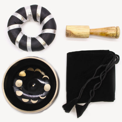 Moon Phase Tibetan Singing Bowl Set | Black & Brass Meditation Sound Bowl - Crystal Nest