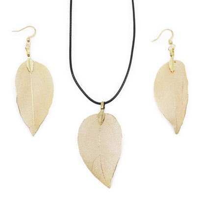 Real Leaf Necklace and Earring Set - Gold