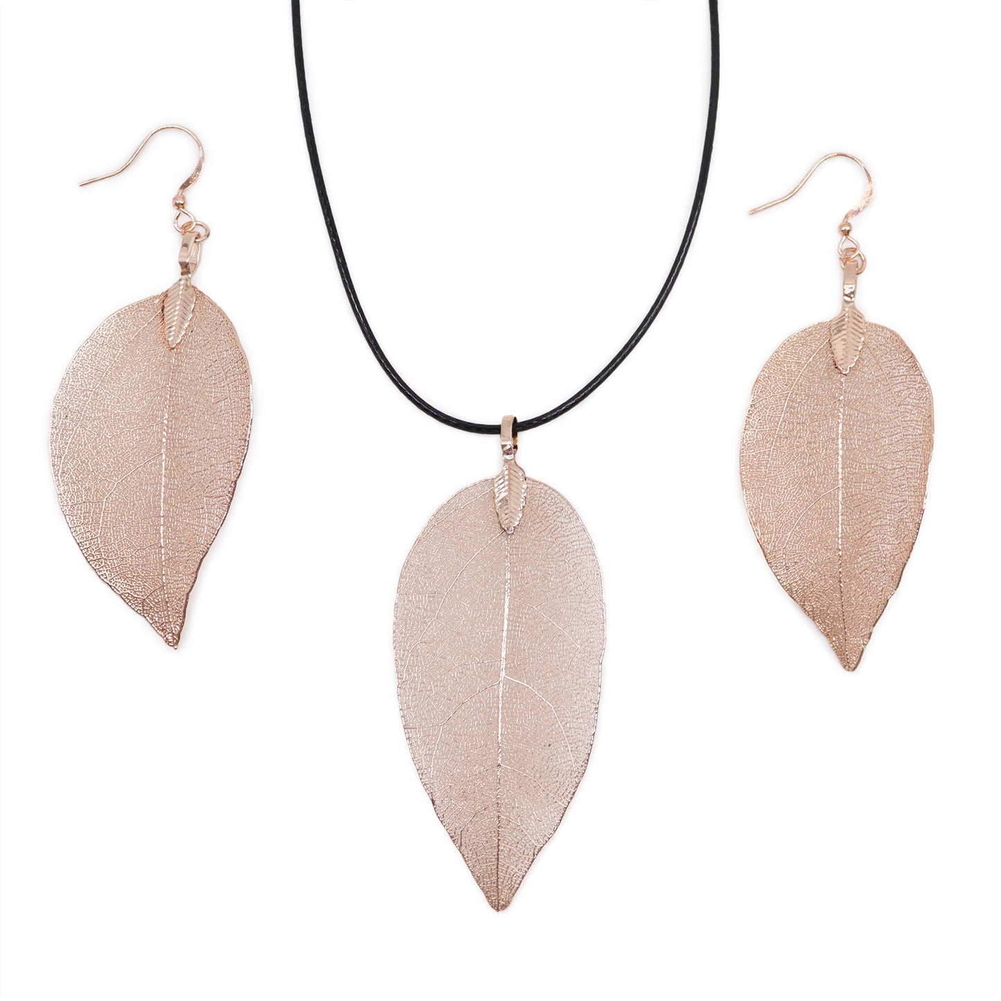 Real Leaf Necklace and Earring Set - Rose Gold