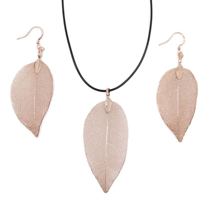 Real Leaf Necklace and Earring Set - Rose Gold