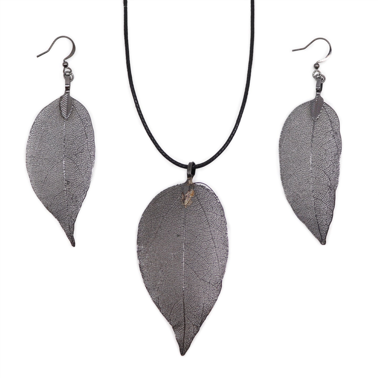 Real Leaf Necklace and Earring Set - Pewter