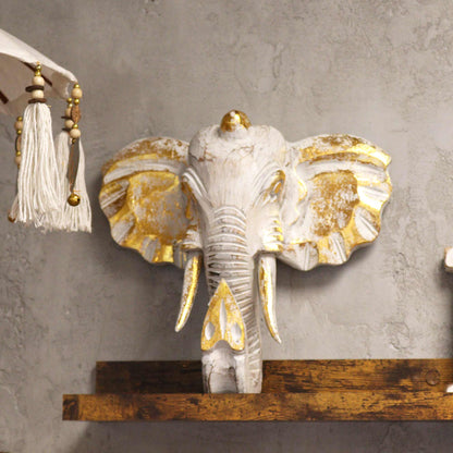 Large Wooden Hand-Carved Elephant Head | Gold & Whitewash - Crystal Nest