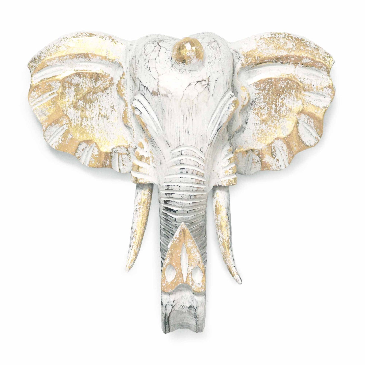 Large Wooden Hand-Carved Elephant Head | Gold & Whitewash - Crystal Nest