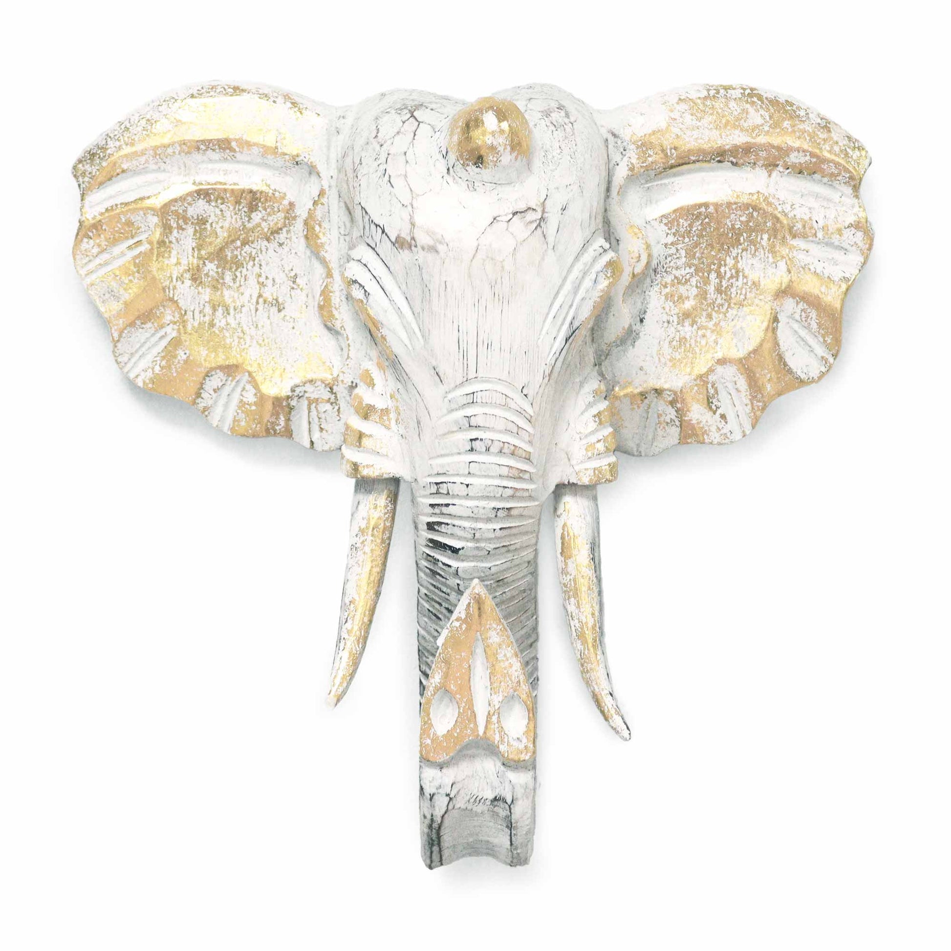 Large Wooden Hand-Carved Elephant Head | Gold & Whitewash - Crystal Nest