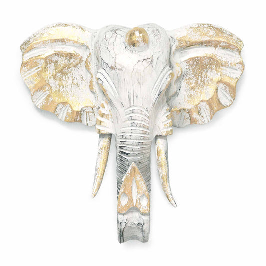 Large Wooden Hand-Carved Elephant Head | Gold & Whitewash - Crystal Nest