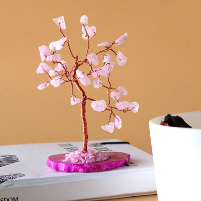 Small Rose Quartz Gemstone Tree on Pink Agate Base - Crystal Nest