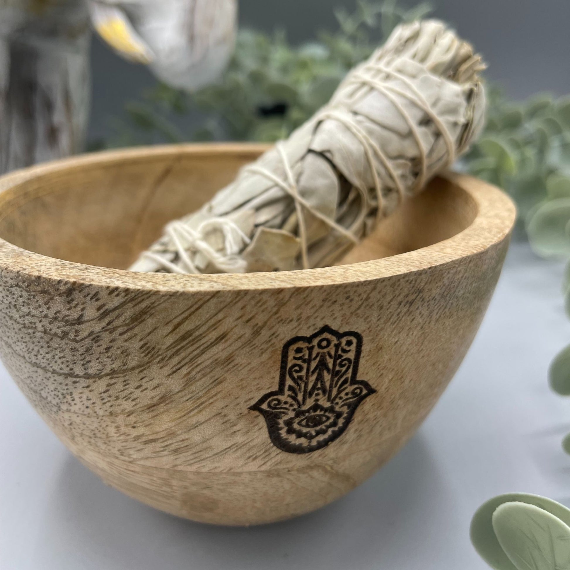 Wooden Smudge & Ritual Offerings Bowl - Hamsa - Crystal Nest